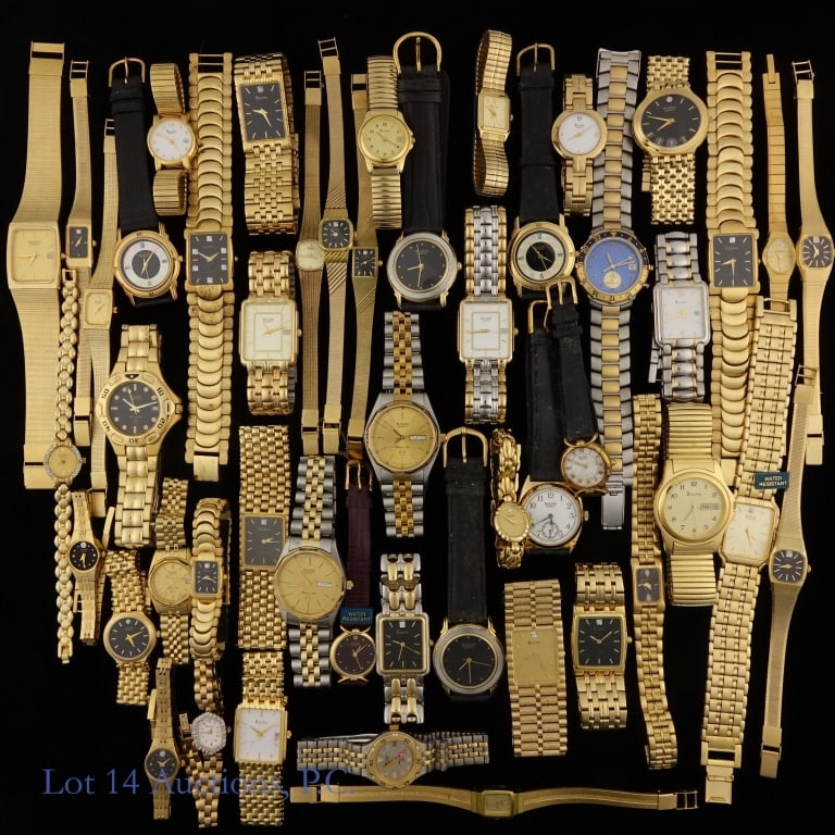 Bulova Watches Without Movements (50): Fifty (50) various Bulova watches without movements. Used as display pieces, these are actual watch cases with dials and crystals, on original bands or bracelets but without watch movements installed.