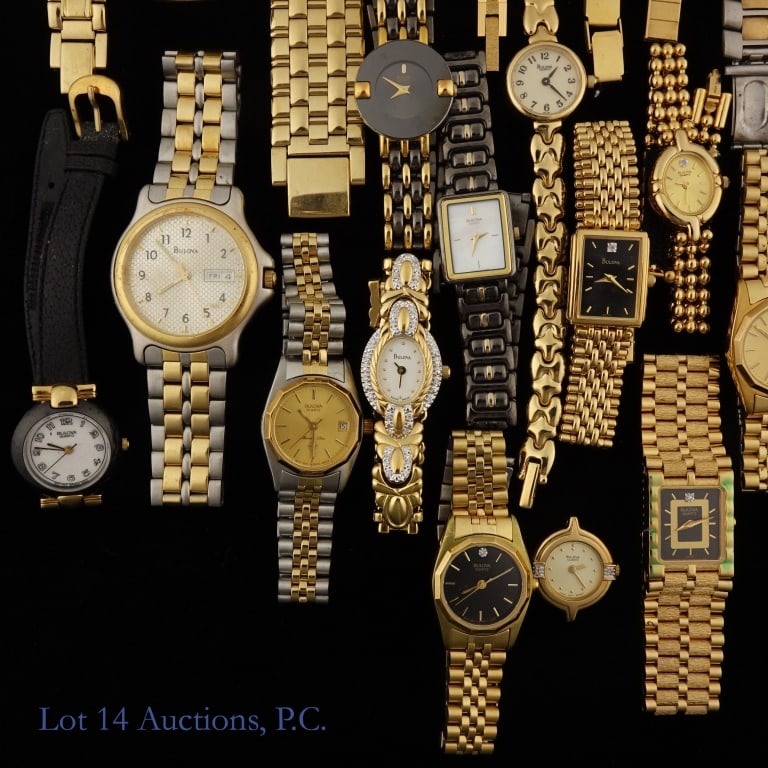 Bulova Watches Without Movements (48): Forty eight (48) various Bulova watches without movements. Used as display pieces, these are actual watch cases with dials and crystals, on original bands or bracelets but without watch movements inst