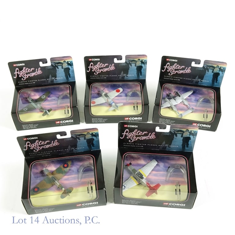 Corgi Fighter Scramble WWII Planes: Includes: Supermarine Spitfire from the Battle of Britain, P-38 Lightning from D-Day, P-51D Mustang, a bomber escort, Mitsubishi Zero from Pearl Harbor, and Messerschmitt Luftwaffe. All planes are in