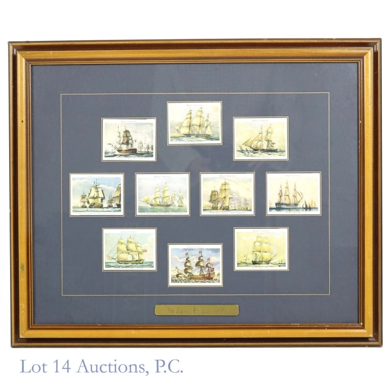 Framed Player's Cigarette Naval Cards (1936?): 10 Player's Cigarettes naval print cards. According to the plaque on the glass, these cards are from 1936. We are unsure how the cards are mounted. Frame shows some wear and measures approximately 22.