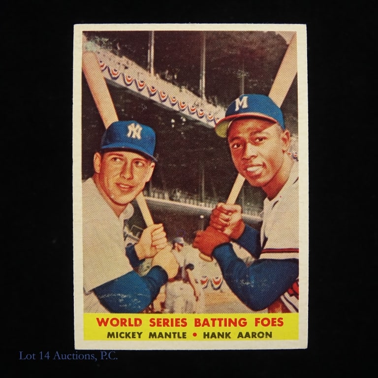 1958 Topps Baseball Card #418 (Mantle & Aaron): 1958 Topps baseball card #418 featuring "World Series Batting Foes" Mickey Mantle and Hank Aaron. *** NOTE: Back of card is damaged in four points - appears to correspond to some adhesive to hold the