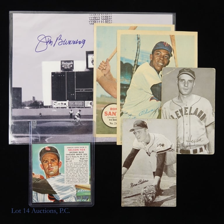 Baseball Cards & Bunning Autograph: 1953 Red Man's Tobacco cut out ALP #5 Nelson "Nellie" Fox. Highest graded example at PSA is "5" - this might give it a run. 3.5" x 3.5". ***** Two post cards Norm Sieberu and Jim Hegan - 1940s or 1950