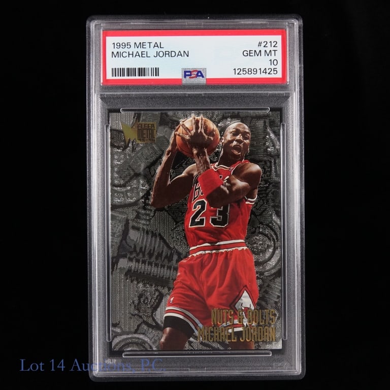 1995 Metal Michael Jordan Basketball Card - PSA 10: 1995 Metal NBA basketball card #212 (Nuts & Bolts Michael Jordan). Graded by PSA as Gem MT 10. PSA cert # 125891425. We have verified this cert number at PSA's website, but customers should always loo