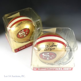 Signed 49ers HOF Mini Helmets, Johnson, Wilcox COA
