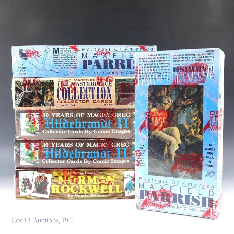 Art Trading Cards Sealed Boxes (6): 2 sealed boxes of Greg Hildebrandt II collector cards. 48 10 card packs per box. 960 total cards ****** 2 sealed boxes of Maxfield Parrish collector cards. 48 10 card packs per box. 960 total cards **