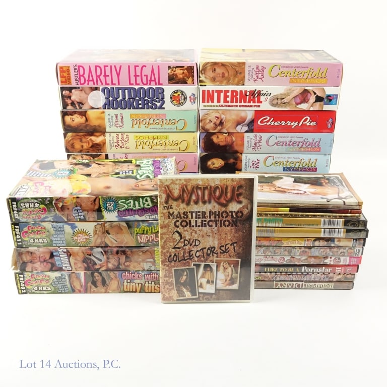 XXX Large Box VHS, Asst. DVD's (+25): XXX Large Box VHS, Asst. DVD's (+25). PORNOGRAPHY, NOT FOR SALE TO MINORS, 18 AND OVER, NUDITY. Collection of over 25 VHS and DVD movies, with all of the VHS featuring large boxes. Many titles from th