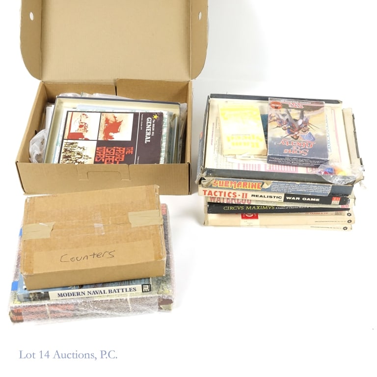Tabletop Games, Wargames, Counters (+12): Tabletop Games, Wargames, Counters (+12). Collection of tabletop wargames as well as loose counters. Titles include: Submarine, Circus Maximus, Midway, Grenadier, Victory in the Pacific, Tactics II, W