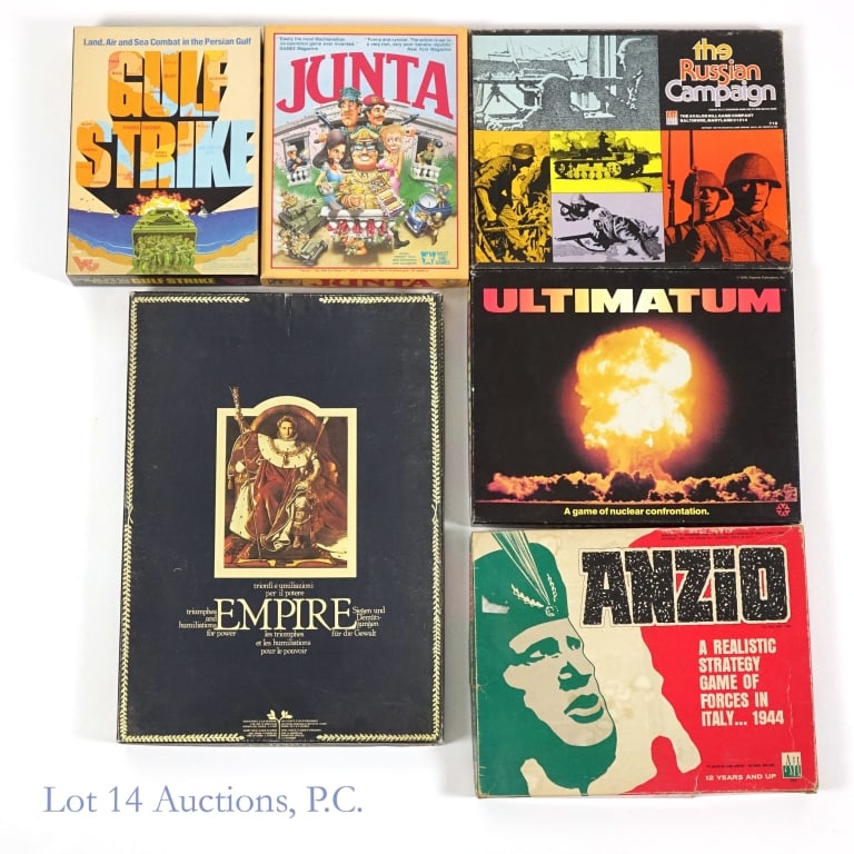 Tabletop Games, Empire, Anzio etc. (6): Tabletop Games, Empire, Anzio etc. (6). Collection of 6 tabletop games including Empire, Anzio, Ultimatum, The Russian Campaign, Gulf Strike and Junta. Items not checked for completion. Wear and tear