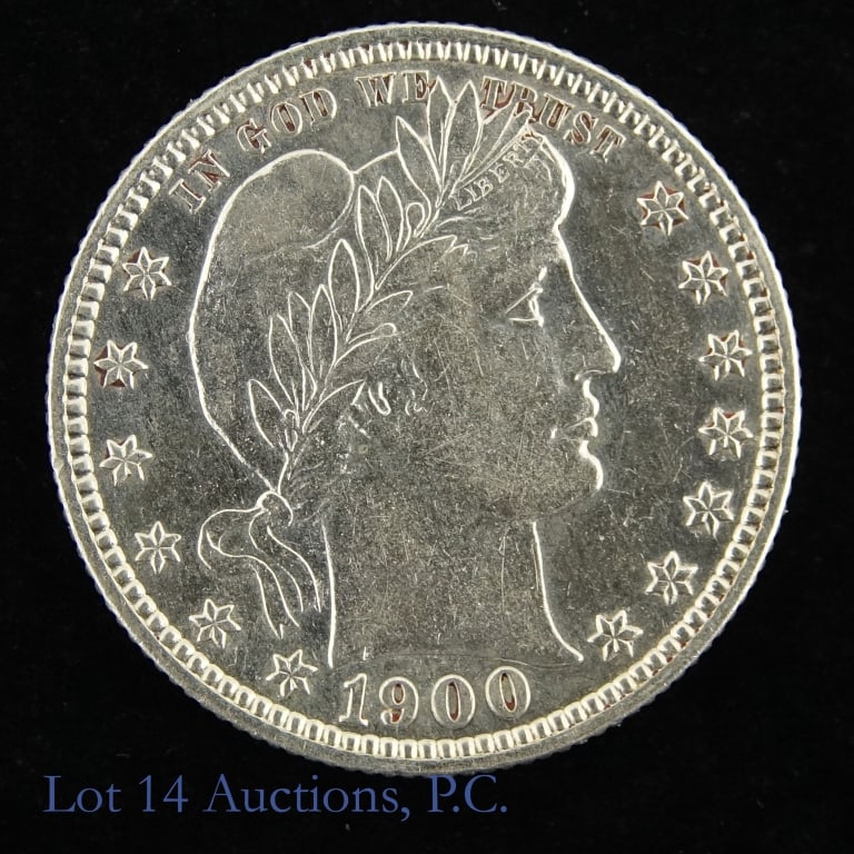 1900 (P) USA Silver Barber 25c (BU): 1900 United States silver Barber quarter (Philadelphia Mint). Per consigner, in BU condition (cleaned?). Metal is 90% silver and weighs 6.25 grams. Mintage is 10,016,000 with a PCGS survival estimate