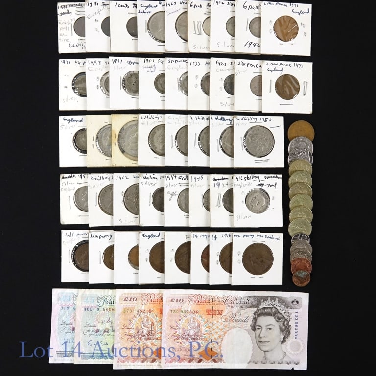Great Britain Currencies, Silver, Clad Coins (55+): More than 55+ Great Britain silver, clad and copper coins and currencies as follows: ---British 10 pound notes (2); ---British 5 pound notes (2); ---50%-silver 2 schilling coins: --1938, --1940, --194