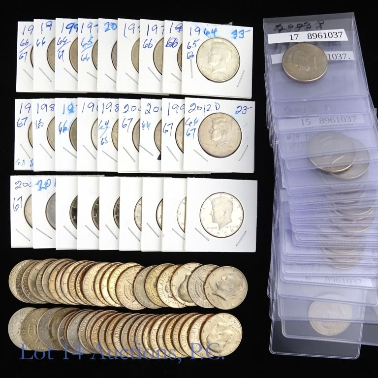 1964 - 2013 USA Kennedy 50c BU & Proof (Est. 95): Approximately ninety-five (95) United States silver and (mostly) clad Kennedy half dollars. Per consigner, many with low mintages and in BU and proof condition with select mintage data as follows: ---