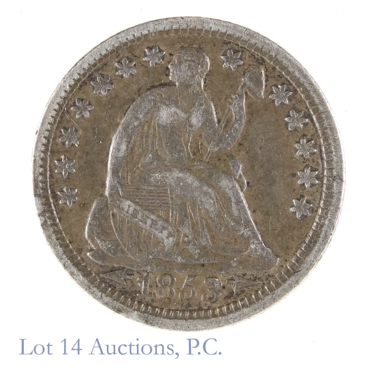 1853 USA Silver Liberty Seated Half Dime Arrows EF: 1853 (P) United States silver liberty seated half dime (Philadelphia Mint) arrows at date variety. Designers Robert Ball Hughes / Christian Gobrecht. Per consigner, in EF condition with obverse LIBERT