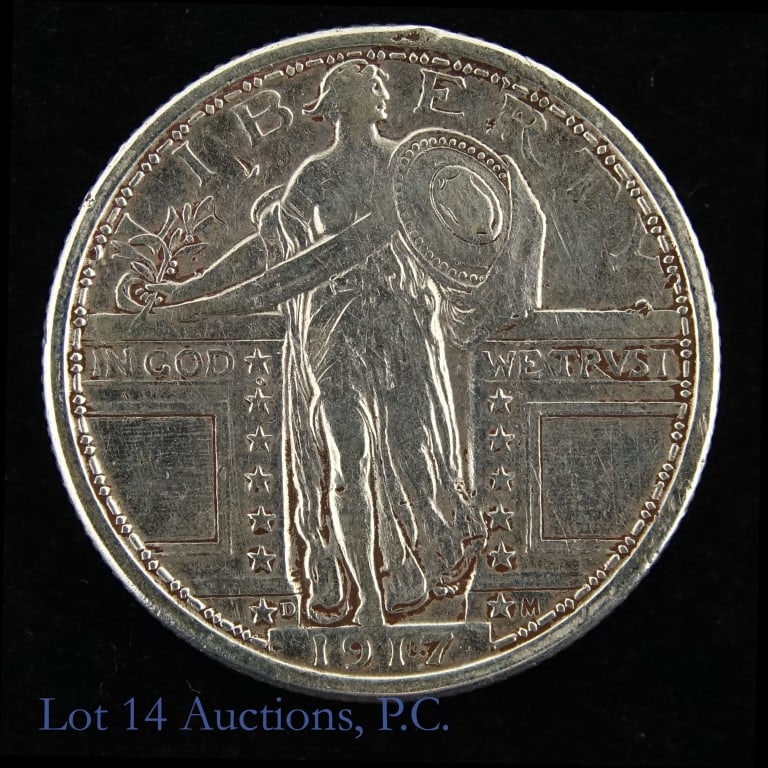 1917-D USA Silver Standing Liberty 25c - Var 1: 1917-D United States silver liberty seated quarter (DENVER MINT) variety 1 no stars below eagle. Per consigner, in AU+ condition. Metal is 90% silver and weighs 6.25 grams. Mintage is 1,509,200 with a