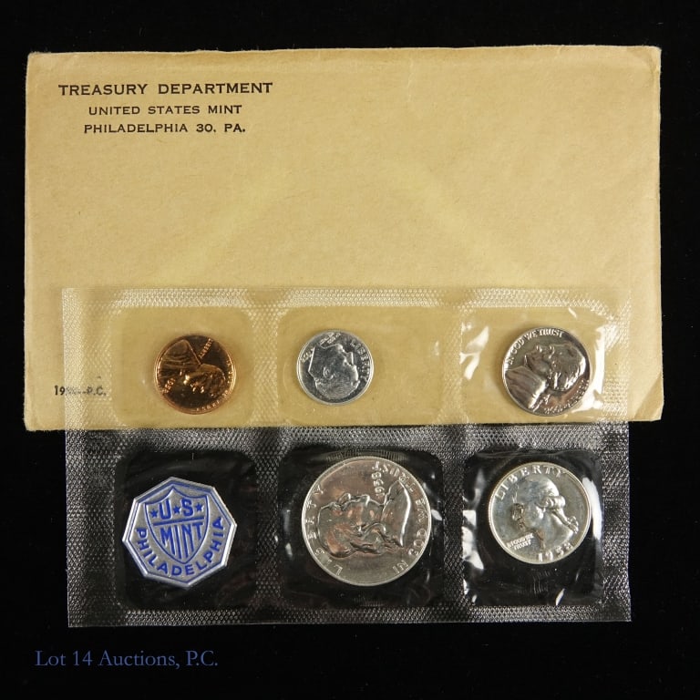 1958 (P) USA 5-Coin Silver Proof Set in OGP: 1958 (P) United States 5-coin silver proof set (Philadelphia Mint) in OGP with inspection certificate. Dime, quarter and half dollar coins' metal is 90% silver. Mintage is 875,652. *** Lot 14 Auctions