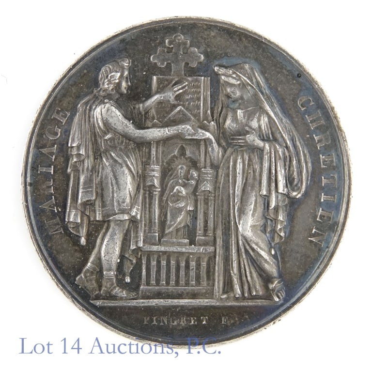 Rare 1850 France 95%-Silver Wedding Medal: 1850 France wedding medal (Paris Mint). Obverse: couple holding hands in front of an altar with the Virgin Mary and her child Jesus; in the exergue, signature of the engraver. Obverse lettering: MARIA