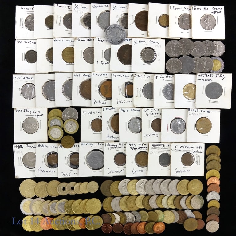 Various European Coins (114+): Approximately 114 coins (and 9.14 in Euro coins) as follows: ---Euro coins ($9.14); ---France (32); ---Germany (10); ---Italy (10); ---Poland (2); ---Spain (8); ---other European countries (11); and -