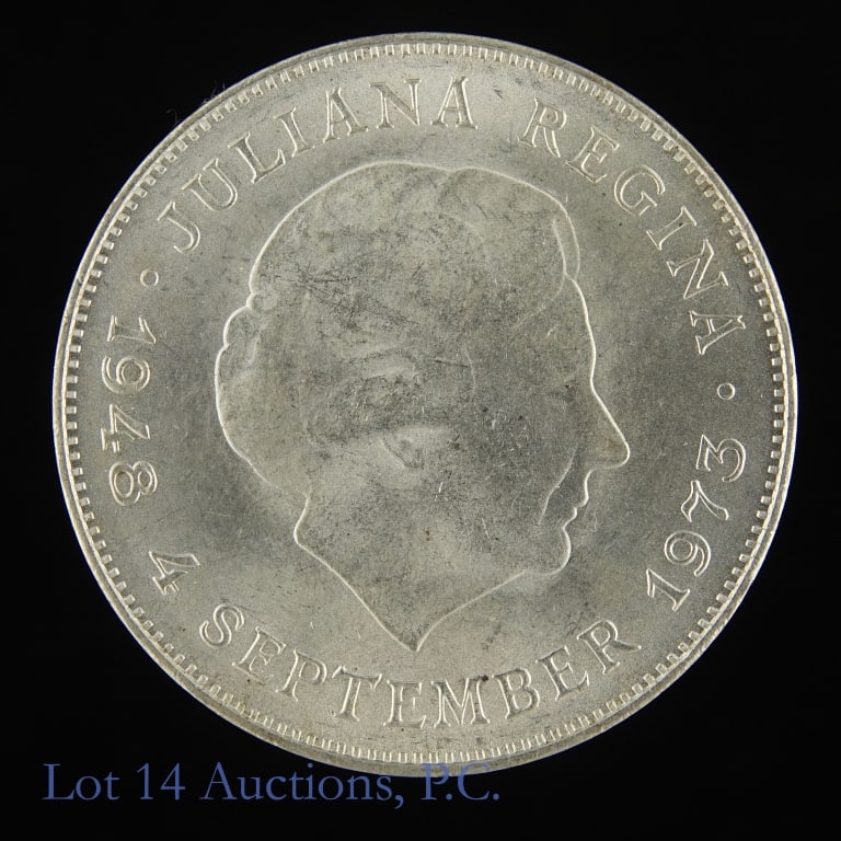 1973 Netherlands Silver 10 Gulden: 1973 Netherlands 25th Anniversary of the Reign of Queen Juliana 72%-silver 10 gulden (Royal Dutch Mint). Edge translation: "God be with us". Per consigner, in frosty CH BU condition. ASW is 0.5787 ozt