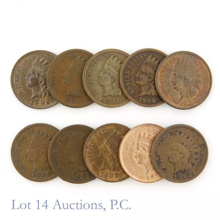 1897 - 1908 USA Indian Head Cents (10): Ten (10) United States copper Indian head cents with consigner comments as follows: ---1897 1c red brown UNC. with sharp liberty; ---1899 1c brown good; ---1902 1c brown partial liberty; ---1902 1c br