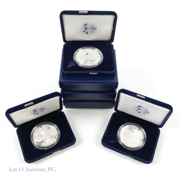 02, 03, 05 American Silver Eagle Proofs in OGP, 3: Three (3) American silver eagle proof dollar bullion coins (West Point Mint) in OGP with COA. Metal 99.9% silver, weighs 31.103 grams (1 troy ounce), and diameter 40.60 mm. Dates and mintages as follo