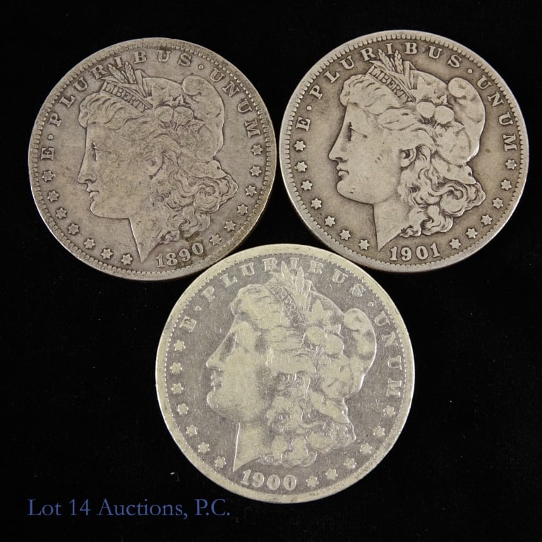 1890o, 1900o & 1901o USA Silver Morgan $1, 3: Three (3) United States silver Morgan dollars (New Orleans Mint) dates and mintages as follows: ---1890-O (10.7 million); ---1900-O (12.6 million); and ---1901-O (13.3 million). Metal is 90%-silver. S
