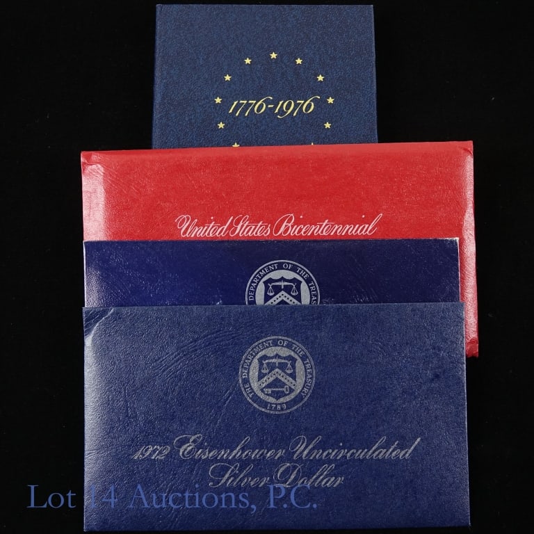 1971s - 1976s U.S. Mint 40%-Silver Coin Sets (4): Four (4) United States Mint 40%-silver coin sets in OGP as follows: ---1971-s silver uncirculated Eisenhower dollar in blue OGP; ---1972-s silver uncirculated Eisenhower dollar in blue OGP; ---1976-s