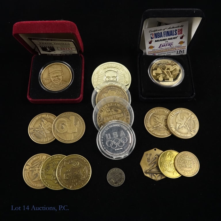 Various NFL, NBL, Olympic & Related Medals, 17: Seventeen (17) various United States sports and related medals as follows: ---1991 Official NFL 25th anniversary Superbowl XXV played Tampa stadium on 1/27/1991 in OP w/ COA; ---2020 NBA Finals Miami