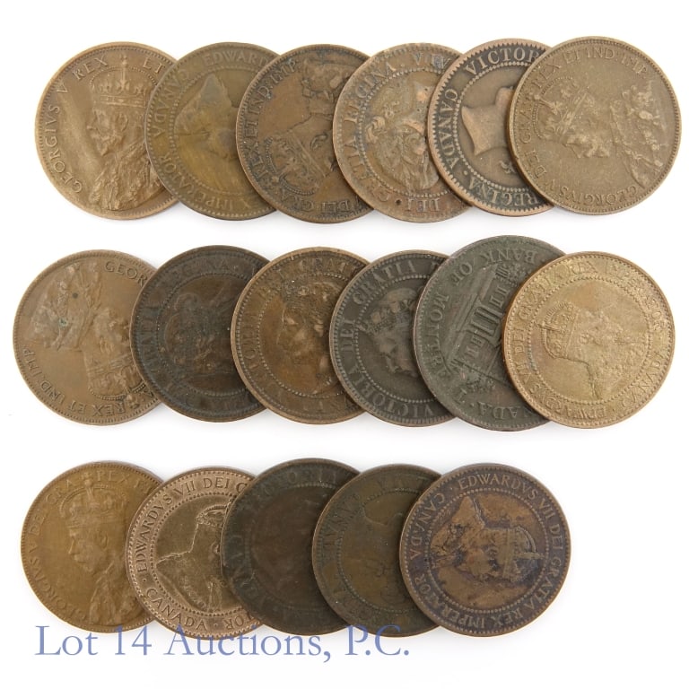 1844 - 1920 Canada Copper Tokens & Cents (17): Approximately seventeen (17) Canadian copper token and cents as follows: ---1844 Bank of Montreal half penny bank token; and ---copper cents: --185?, --1859 (2), --1876, --1886, --1896, --1891, --1902