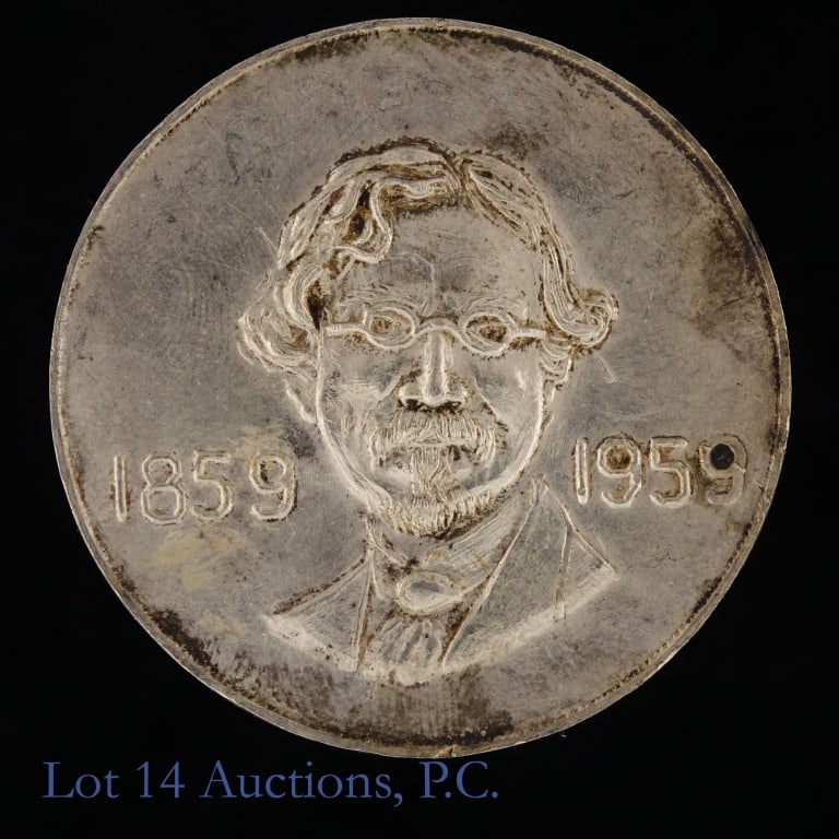 1959 Israel Silver Sholem Aleichem Comm. Medal: 1959 Israeli silver Sholem Aleichem's 100th anniversary of birth medal. Featuring his portrait in high relief, with dates 1859-1959, and a design symbolizing his literary world. Marks the centenary of