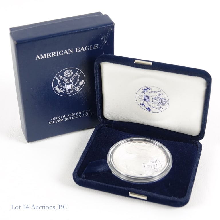 2003-W American Silver Eagle $1 Bullion (Proof): 2003-W American silver eagle dollar proof coin (West Point Mint) in OGP with COA. Designer (obverse) Adolph A. Weinman and (reverse) John Mercanti and Emily S. Damstra. Metal is 99.9% silver and weigh