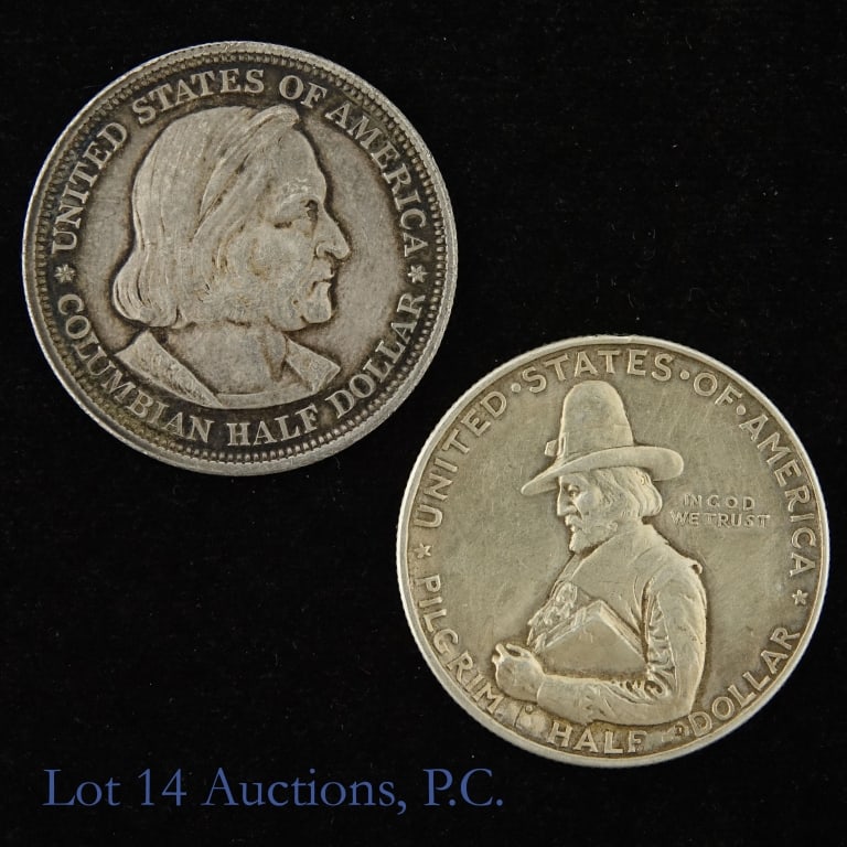 1892 & 1920 USA 90%-Silver Comm. 50c (2): Two (2) United States silver commemorative half dollars as follows: ---1892 Columbian Exposition 50c designers (obverse) Charles E. Barber and (reverse) George T. Morgan. Mintage 950,000; and ---1920