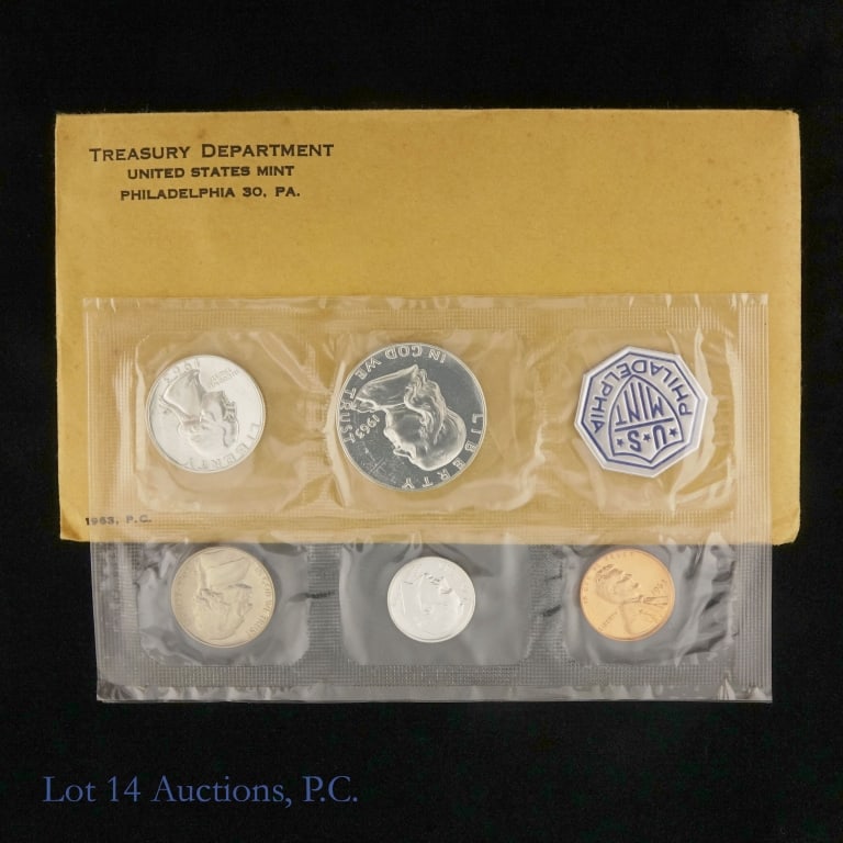 1963 (P) USA 5-Coin Silver Proof Set in OGP: 1963 United States silver 5-coin proof set (Philadelphia Mint) in OGP with inspection note from U.S. Mint. Half dollar, quarter and dime metal is 90% silver. Mintage is 3,075,645. *** Lot 14 Auctions