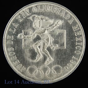 1968 Mexico Olympics 25 Peso Silver Coin (CH BU)