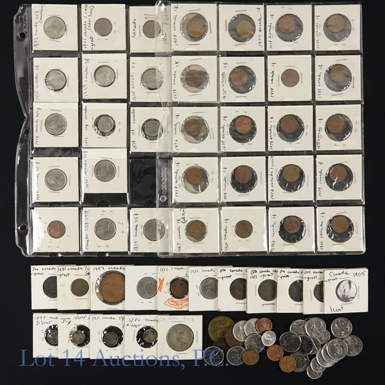 Canada Silver & Copper Coins & Medals (75+): Over 75+ various Canadian silver and copper coins and medals as follows: ---large cents --1902, --1903, --1905, --1916, --1917 --1918 -3 (8); ---small cents 1941 plus 39 in holders (40); ---silver 5 c