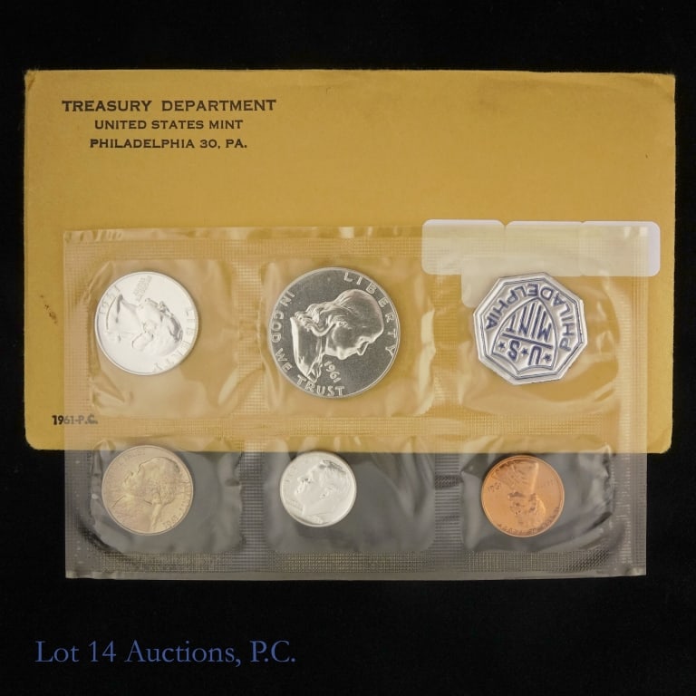 1961 (P) USA 5-Coin Silver Proof Set in OGP: 1961 United States silver 5-coin proof set (Philadelphia Mint) in OGP with inspection note from U.S. Mint. Half dollar, quarter and dime metal is 90% silver. Mintage is 3,028,244. *** Lot 14 Auctions