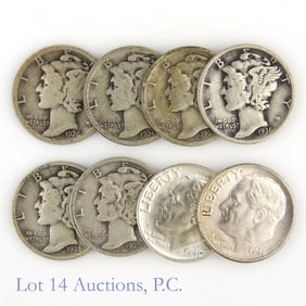 1926 - 1946 USA 90% Silver Dimes ASW 0.5 Ozt (8)