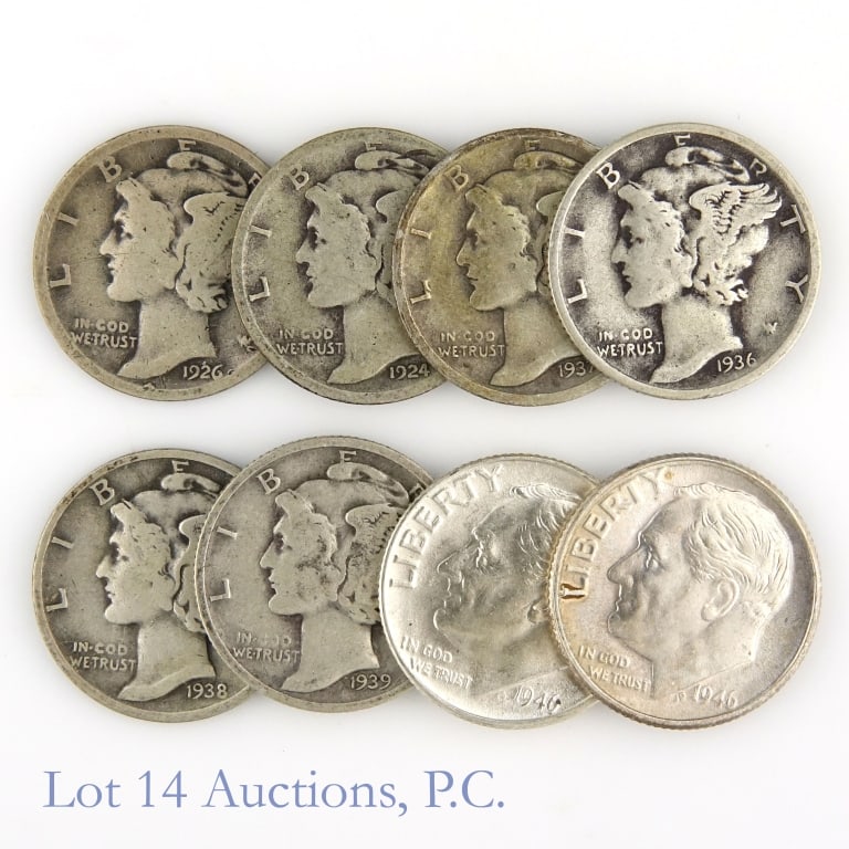 1926 - 1946 USA 90% Silver Dimes ASW 0.5 Ozt (8): Eight (8) United States 90%-silver dimes with most with lower mintages. Dates and consigner comments as follows: ---1924-D mercury 10c (6,810,000); ---1926-D mercury 10c (6,828,000); ---1936-D mercury