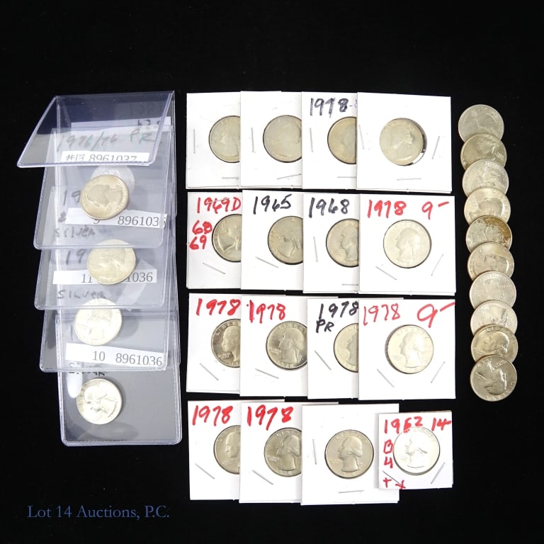 USA 90%-Silver & Clad Washington 25c (31): Thirty-one (31) United States silver & clad Washington quarters as follows: ---1941 (p) 90%-silver 25c; ---1942 (p) 90%-silver 25c; ---1961 (p) 90%-silver 25c; ---1961-d 90%-silver 25c; ---1962 (p) 90