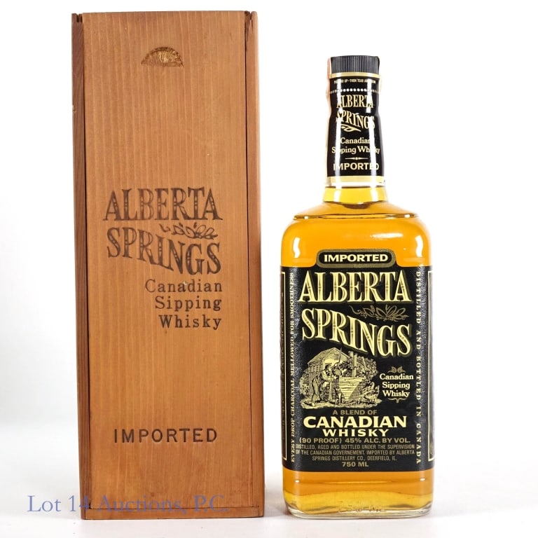 1986 Alberta Springs Canadian Sipping Whisky: Alberta Springs Canadian Sipping Whisky, 90 Proof, 750 ml. 1986 tax strip. Plastic seal and tax strip intact and in good condition. Small tear in side label. Wooden box included.