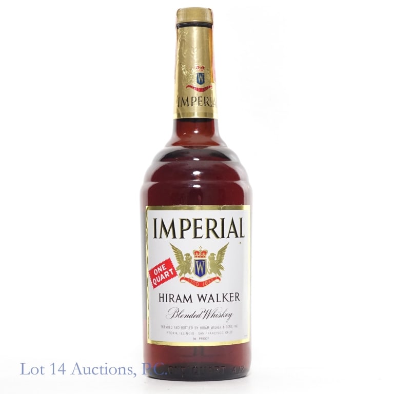60s/70s Imperial Hiram Walker Whiskey: Imperial Hiram Walker blended American whiskey. 86 proof. 1 quart. Series 112 early 60s - late 70s tax strip fully intact.