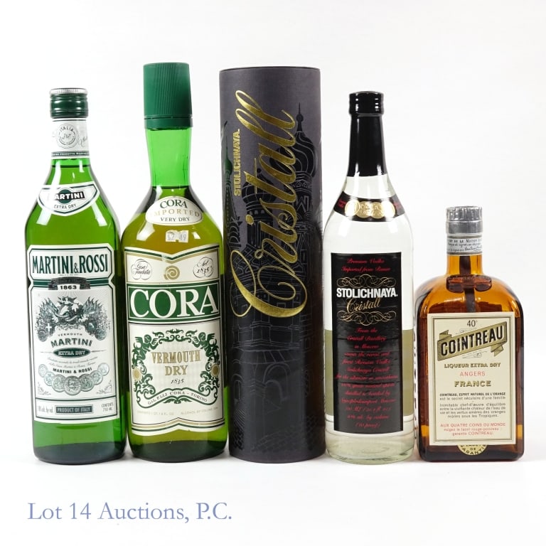 Vintage Cointreau , Vermouth (2), Stolichnaya: Vintage Cointreau Liqueur Extra Dry. Imported bottle without tax strips, "63" bottle molding. 0.7L, 80 Proof. Below shoulder fill. Very good condition ****** Vintage Cora Vermouth Very Dry, 36 Proof,