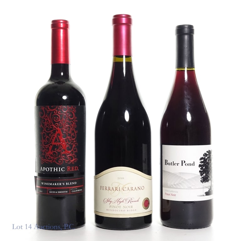 Ferrari Carano, Butler Pond, Apothic Red (3): Ferrari Carano 2019 Pinot Noir. 14.5% ABV. 750ml ****** Butler Pond 2016 Pinot Noir. 13.5% ABV. 750ml ****** Apothic Red 2021 Red Blend. 13.5% ABV. 750ml.