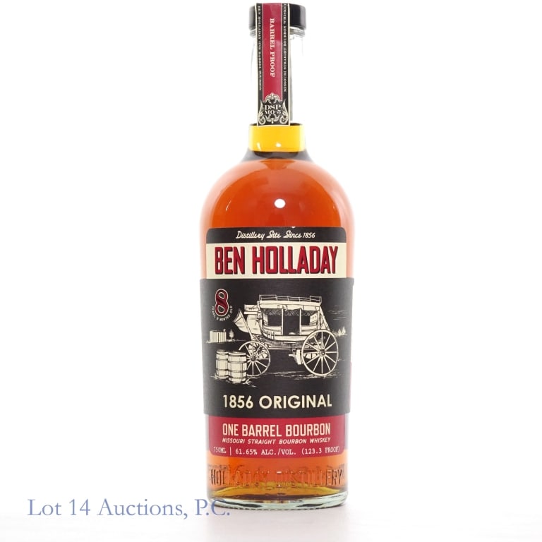 Ben Holladay One Barrel Bourbon: Ben Holladay One Barrel Bourbon 1856 Original Missouri straight bourbon whiskey. 750ml, 120.8 proof. Aged 8 years and 9 months.