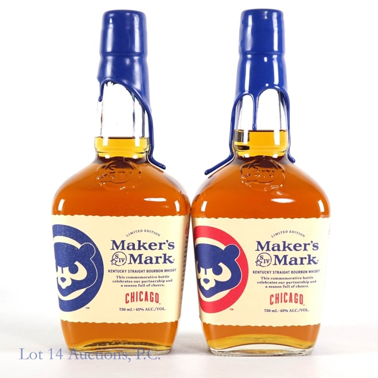 2024 & 2025 Maker's Mark Chicago Cubs Bourbon: Two (2) bottles of Maker's Mark Chicago Cubs Bourbon (2024 and 2025), 90 Proof, 750 ml (x2).