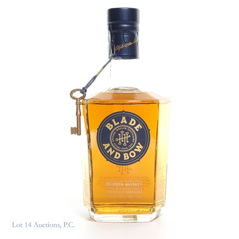 Blade and Bow Key #4 Bourbon Whiskey: Blade and Bow Kentucky straight bourbon whiskey. 45.5% ABV (91 proof). 750ml. Metal key #4 neck tag present. Stitzel-Weller Distillery.