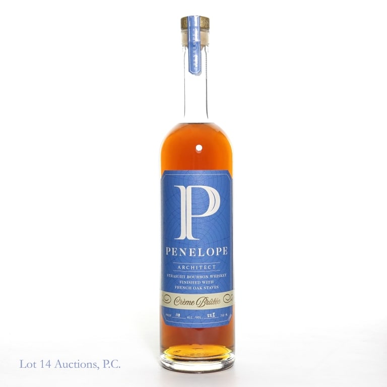Penelope Architect Series: Creme Brulee Bourbon: Penelope Architect Creme Brulee Straight Bourbon Whiskey finished with French Oak Staves. 110 Proof, 750 ml. Aged 5 years, Complex Stave.