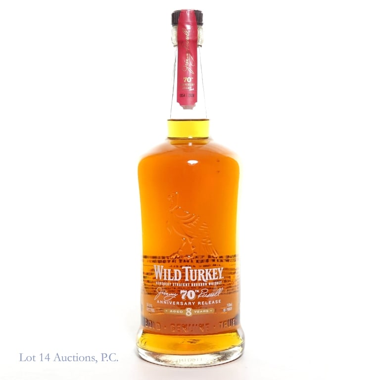 Wild Turkey 70th Anniv Jimmy Russell 8 Yr. Bourbon: Wild Turkey 8 year old Kentucky Straight Bourbon Whiskey. Jimmy Russell, Master Distiller 70th Anniversary Release. 101 proof, 750ml.