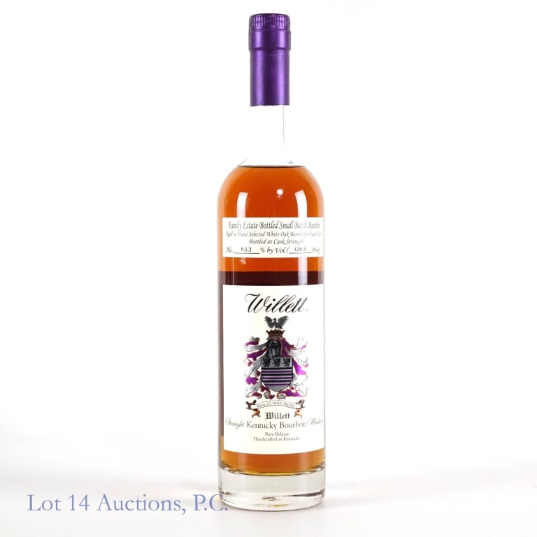 Willett Small Batch Bourbon Purple Top 126.6 Prf: Willett Family Estate Bottled Small Batch 4 Year Old Bourbon. 126.6 proof, 750ml. Straight Kentucky Bourbon, Bottled at cask strength.