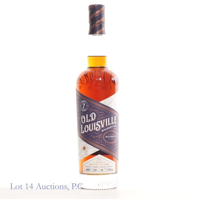 Old Louisville 7 Year Double Oaked Bourbon: Old Louisville Whiskey Co straight bourbon whiskey; double oaked, aged seven years, 120 proof, 750ml. Batch #36R45W, bottle 169/272.