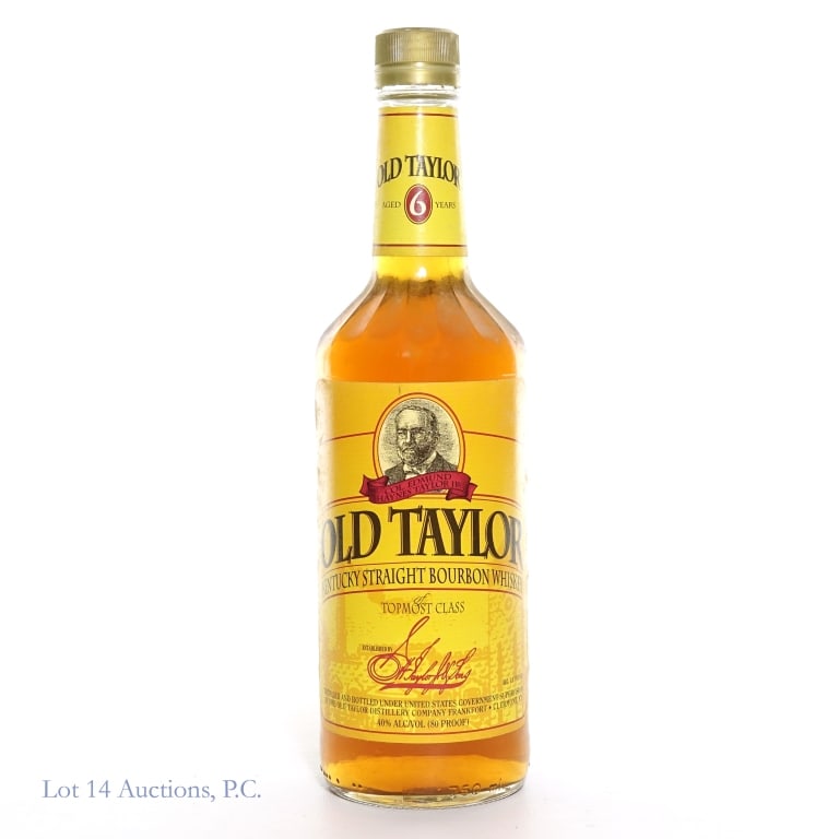 Old Taylor 6 Years Bourbon: Old Taylor Kentucky Straight Bourbon Whiskey, Frankfort / Clermont, KY. Aged 6 years. 80 Proof. 750ml. Etch: 9211D0911003:55.