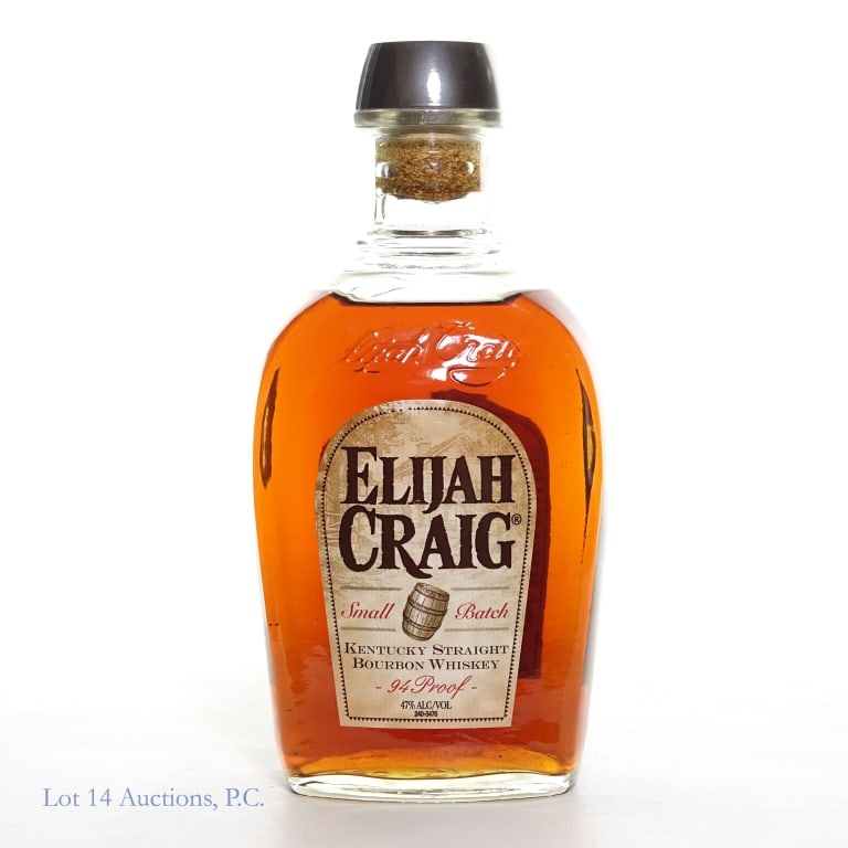 Elijah Craig 12 Yr Rear Label Small Batch Bourbon: Elijah Craig 12 Year Old small batch Kentucky straight bourbon whiskey. 12 years indicated on rear label. Small tear on rear label. 94 proof. 750 ml. Etch: A164 5 11 11. 